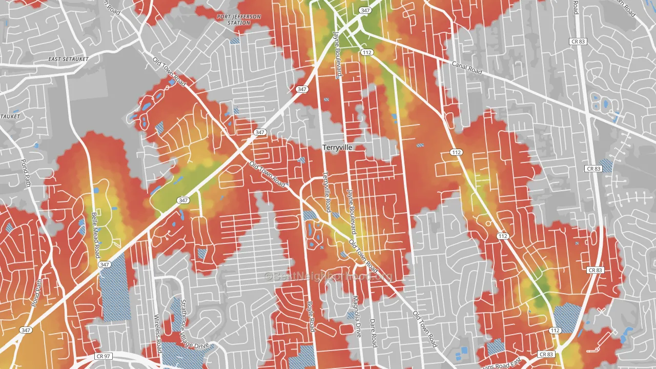 Walk Grade map of Terryville, NY, walkable areas in green and car-dependent areas in red