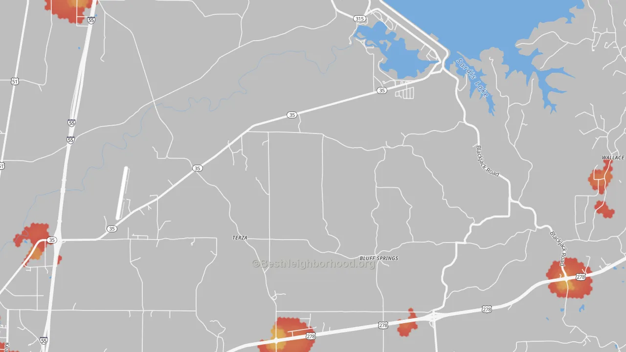 Walk Grade map of Terza, MS, walkable areas in green and car-dependent areas in red