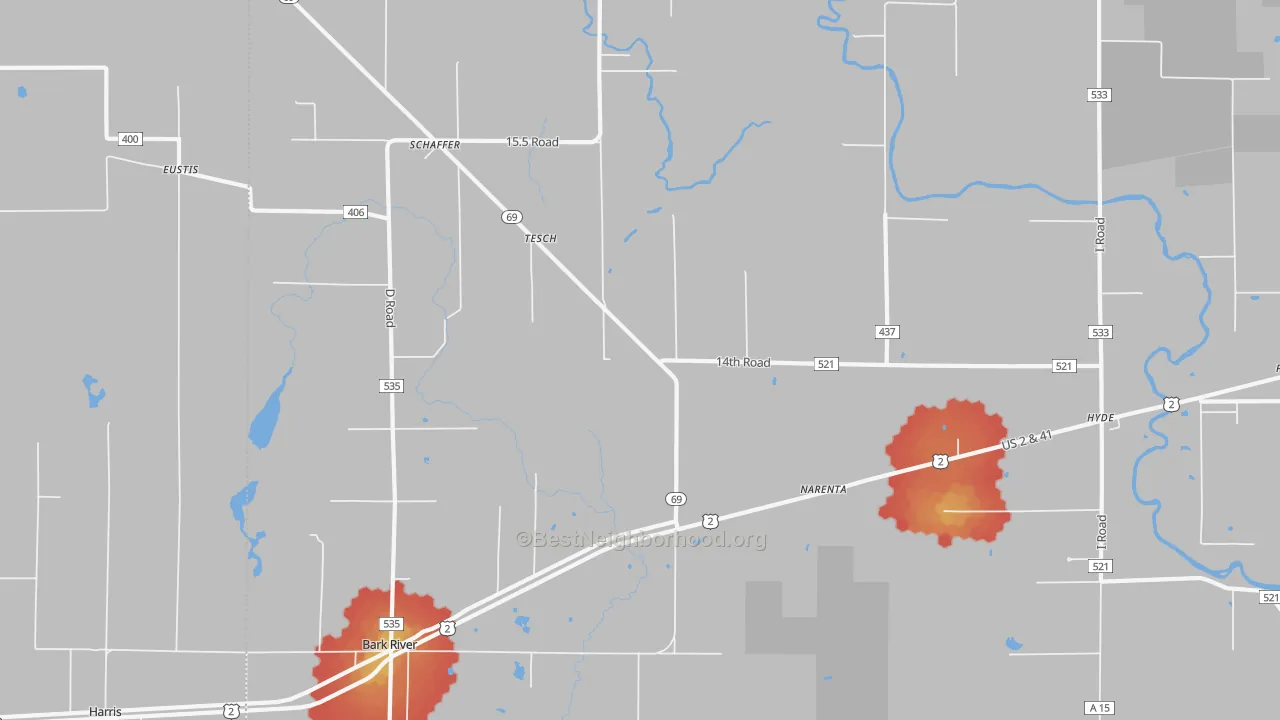 Walk Grade map of Tesch, MI, walkable areas in green and car-dependent areas in red