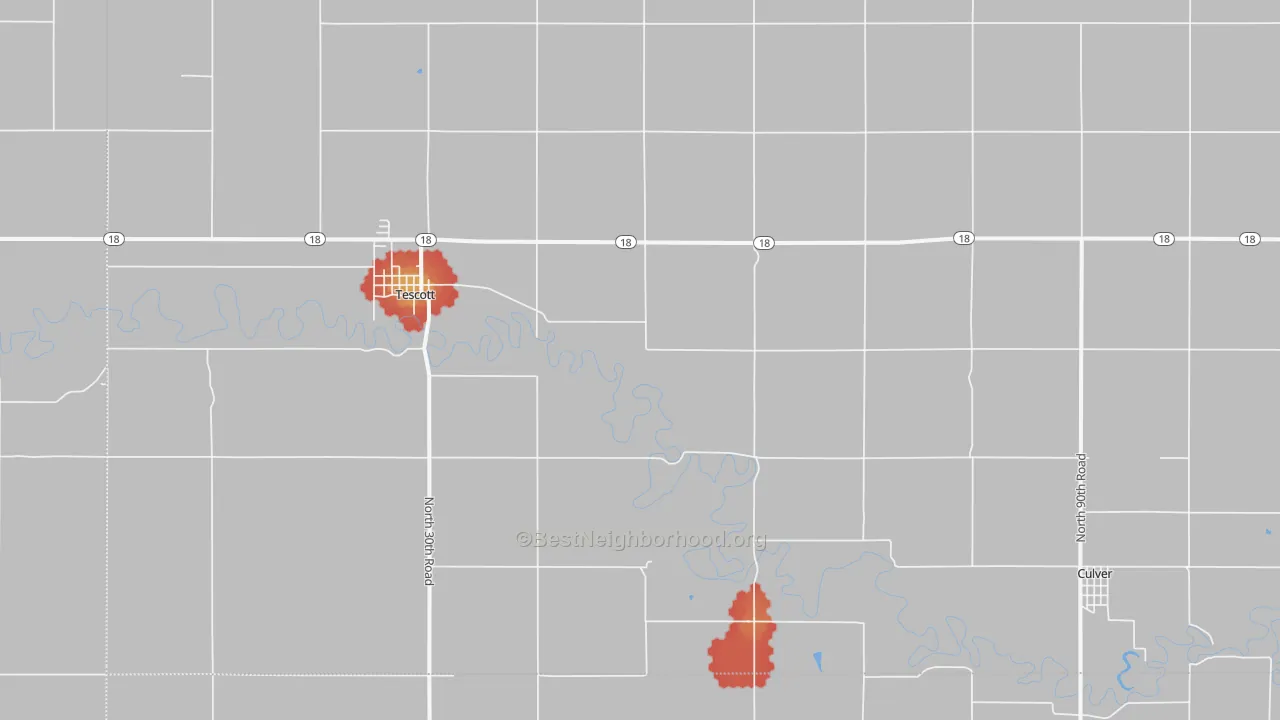 Walk Grade map of Tescott, KS, walkable areas in green and car-dependent areas in red