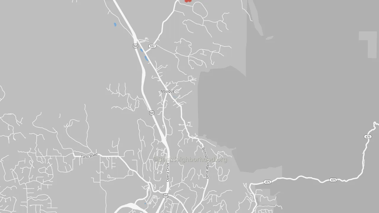 Walk Grade map of Tesuque Pueblo, NM, walkable areas in green and car-dependent areas in red