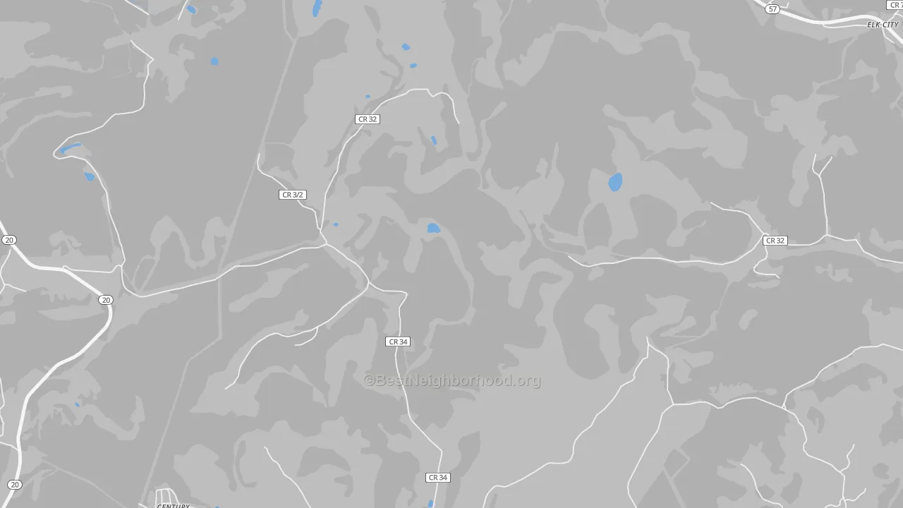 Walk Grade map of Teter, WV, walkable areas in green and car-dependent areas in red