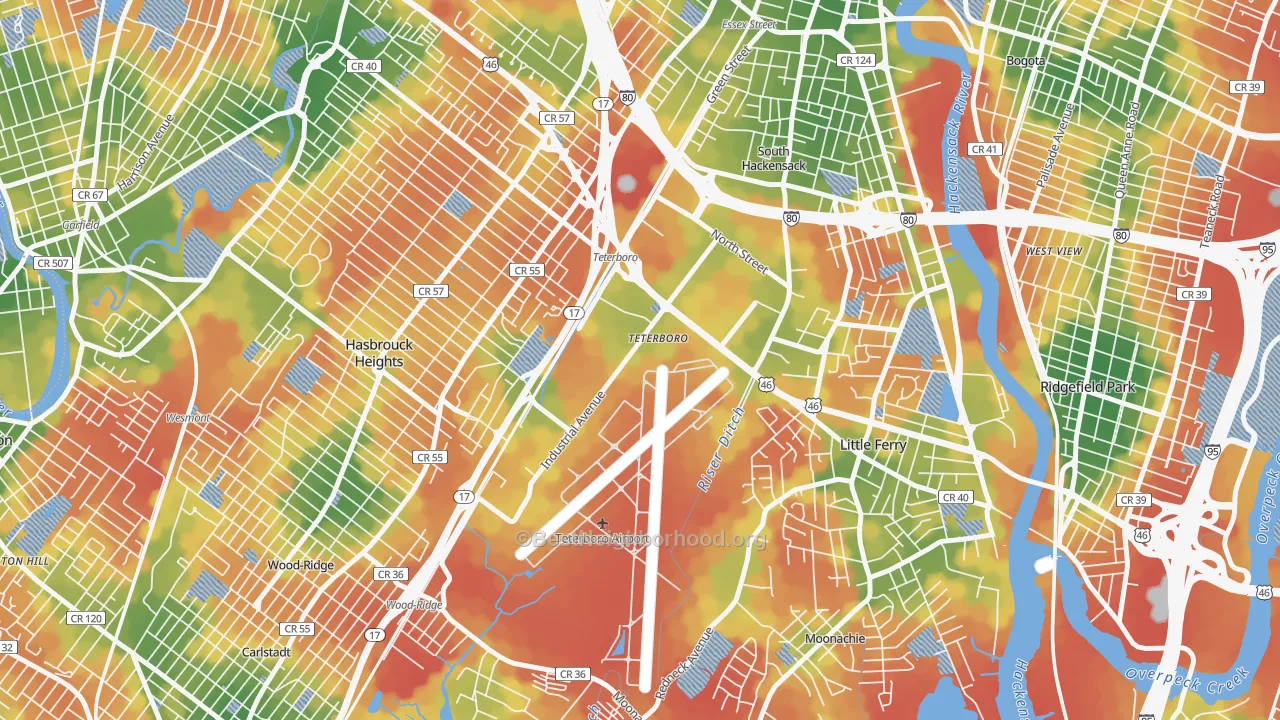Walk Grade map of Teterboro, NJ, walkable areas in green and car-dependent areas in red