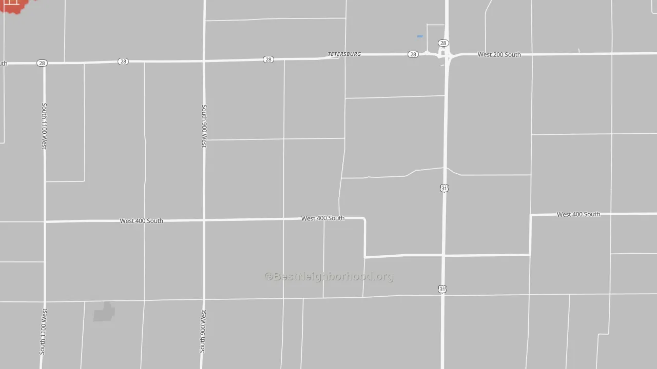 Walk Grade map of Tetersburg, IN, walkable areas in green and car-dependent areas in red