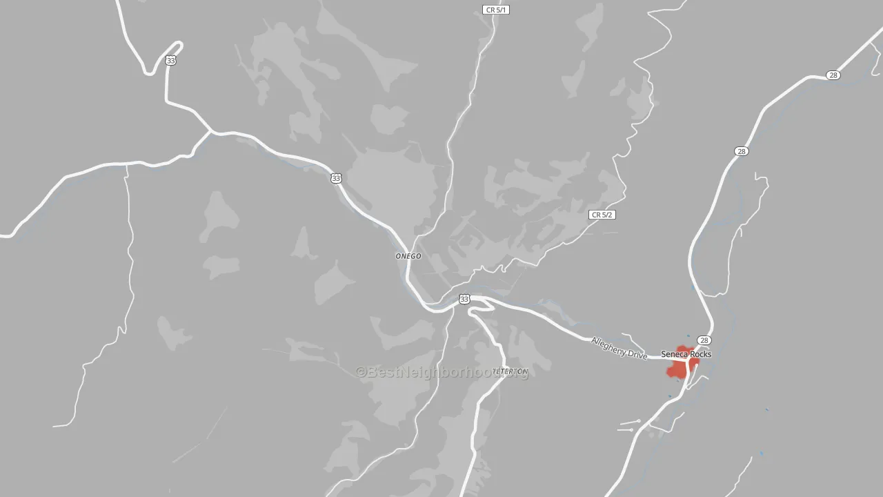 Walk Grade map of Teterton, WV, walkable areas in green and car-dependent areas in red