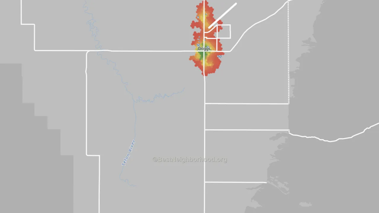 Walk Grade map of Teton County, ID, walkable areas in green and car-dependent areas in red