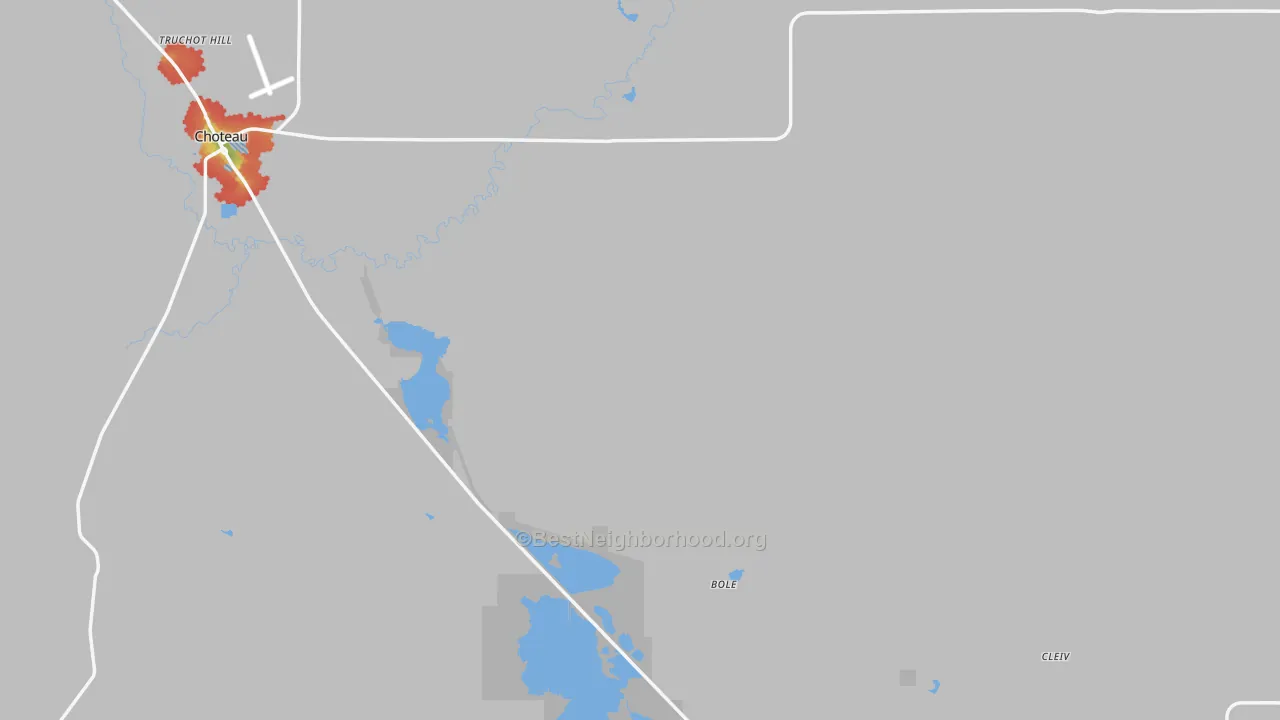 Walk Grade map of Teton County, MT, walkable areas in green and car-dependent areas in red