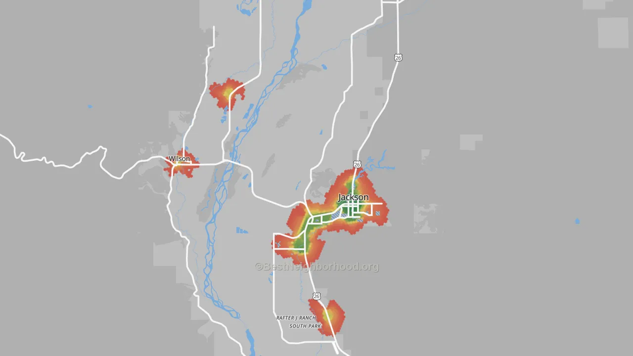 Walk Grade map of Teton County, WY, walkable areas in green and car-dependent areas in red