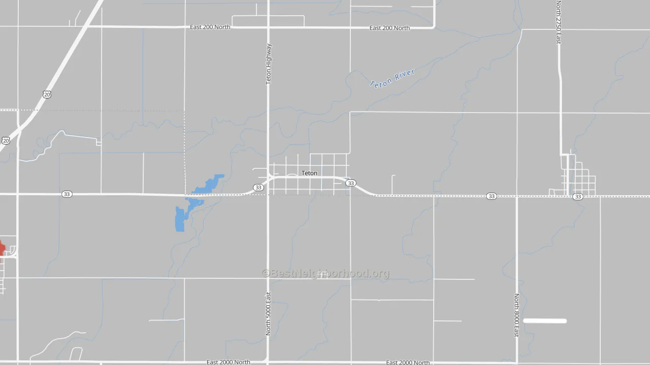 Walk Grade map of Teton, ID, walkable areas in green and car-dependent areas in red