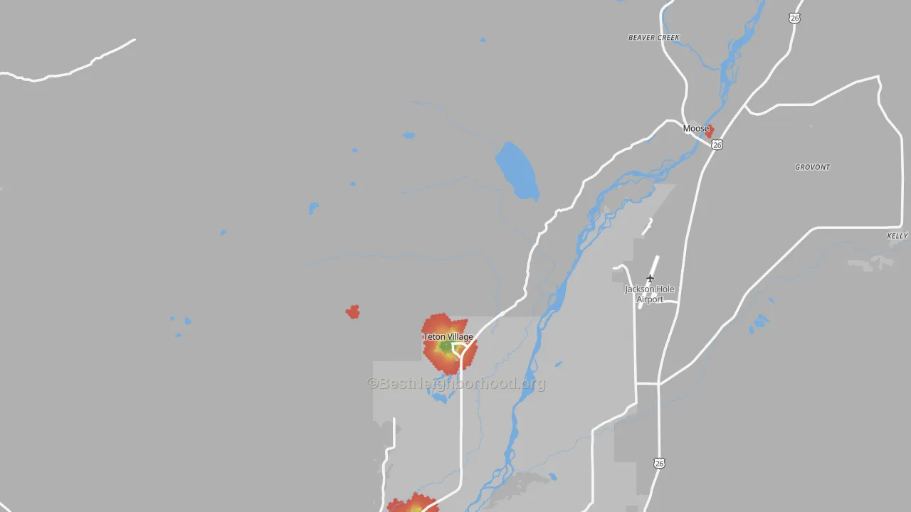 Walk Grade map of Teton Village, WY, walkable areas in green and car-dependent areas in red