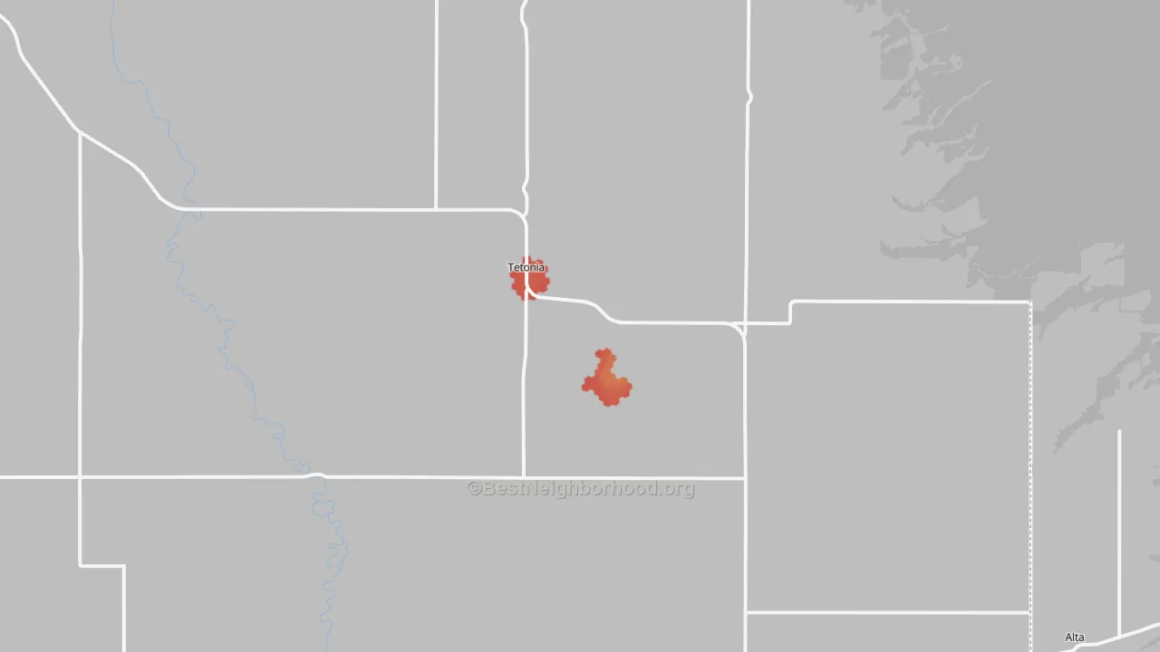 Walk Grade map of Tetonia, ID, walkable areas in green and car-dependent areas in red