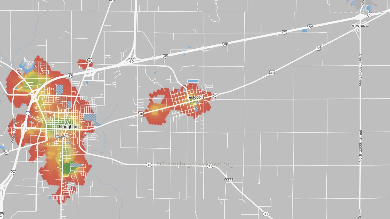 Walk Grade map of Teutopolis, IL, walkable areas in green and car-dependent areas in red