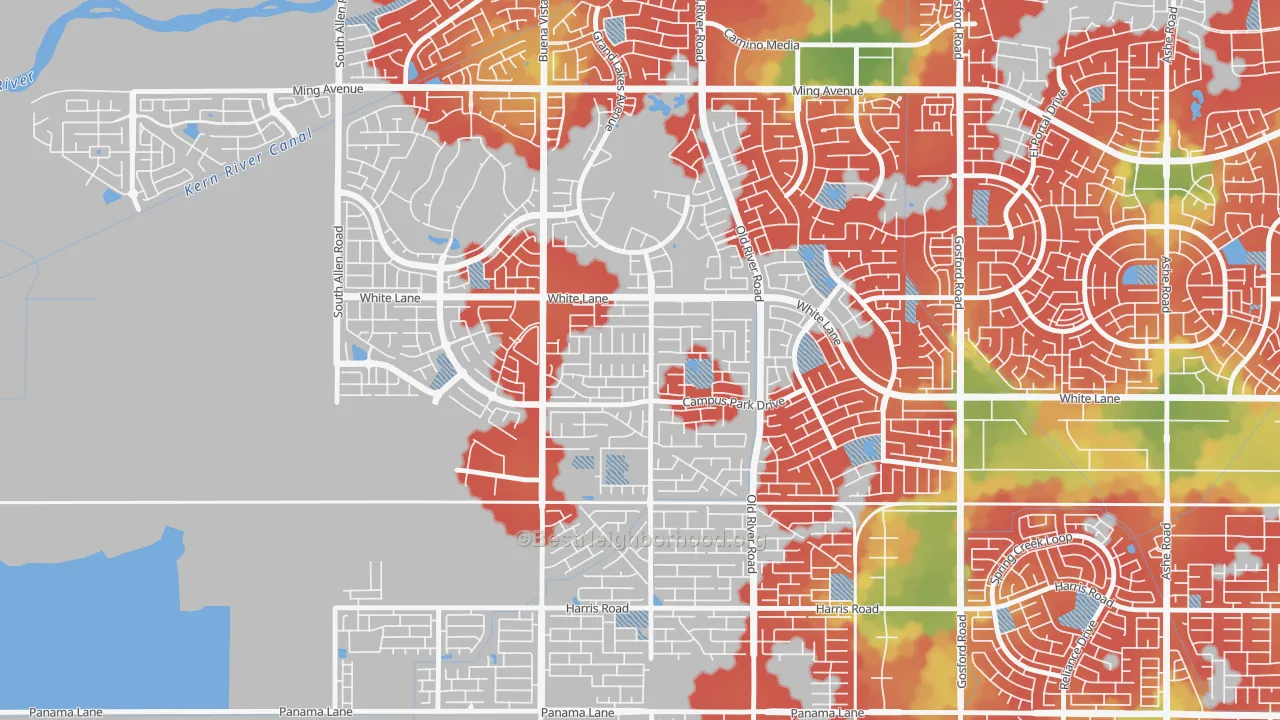 Walk Grade map of Tevis Ranch, Bakersfield, CA, walkable areas in green and car-dependent areas in red