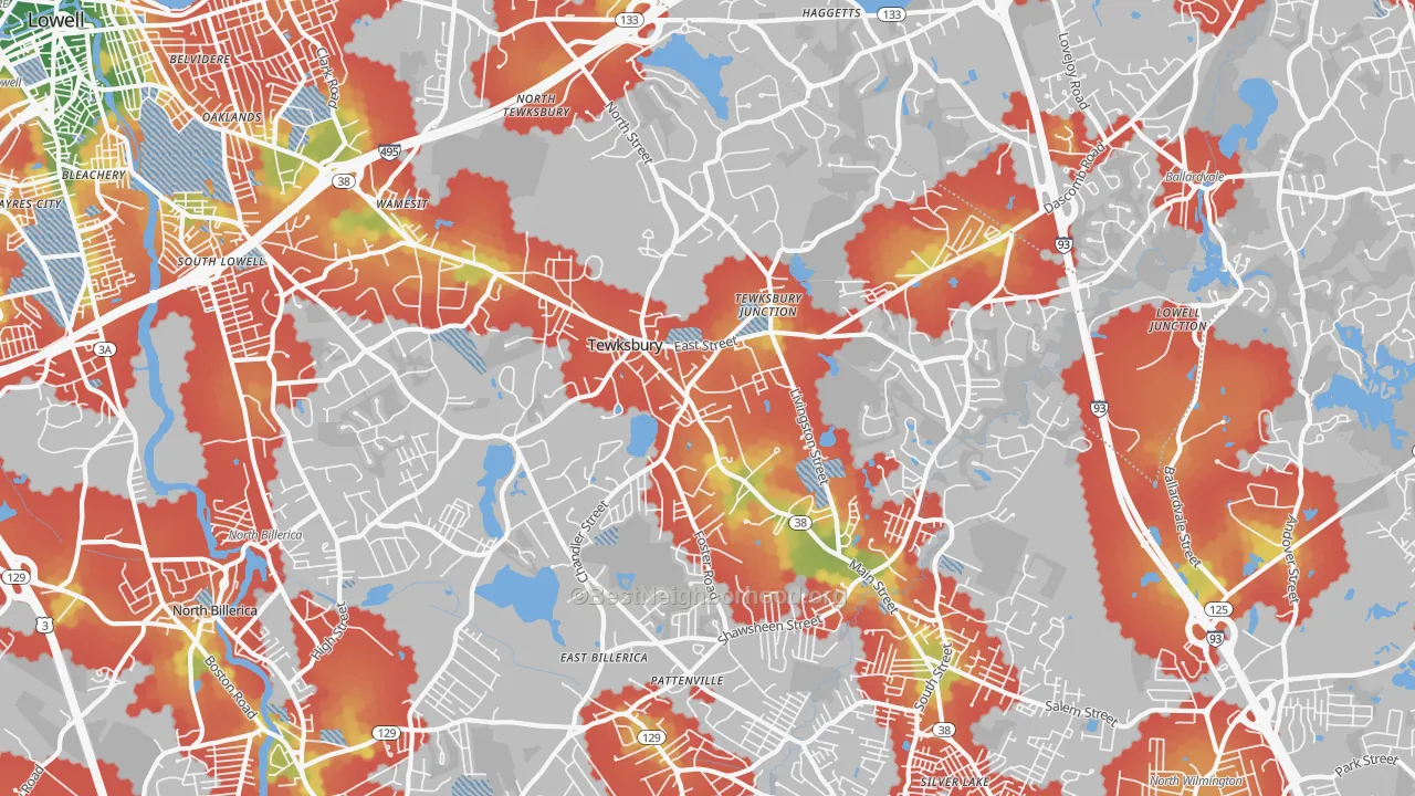 Walk Grade map of Tewksbury, MA, walkable areas in green and car-dependent areas in red