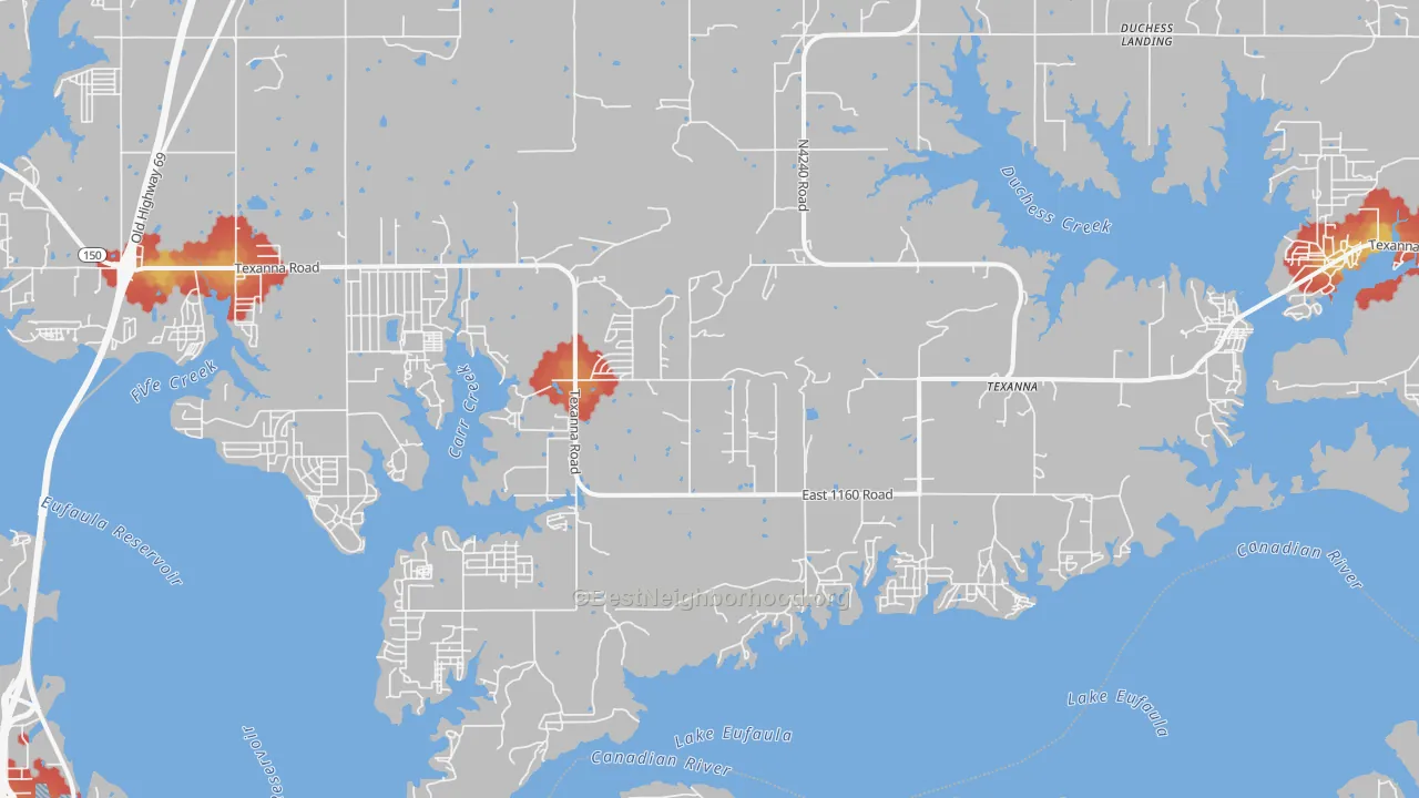Walk Grade map of Texanna, OK, walkable areas in green and car-dependent areas in red