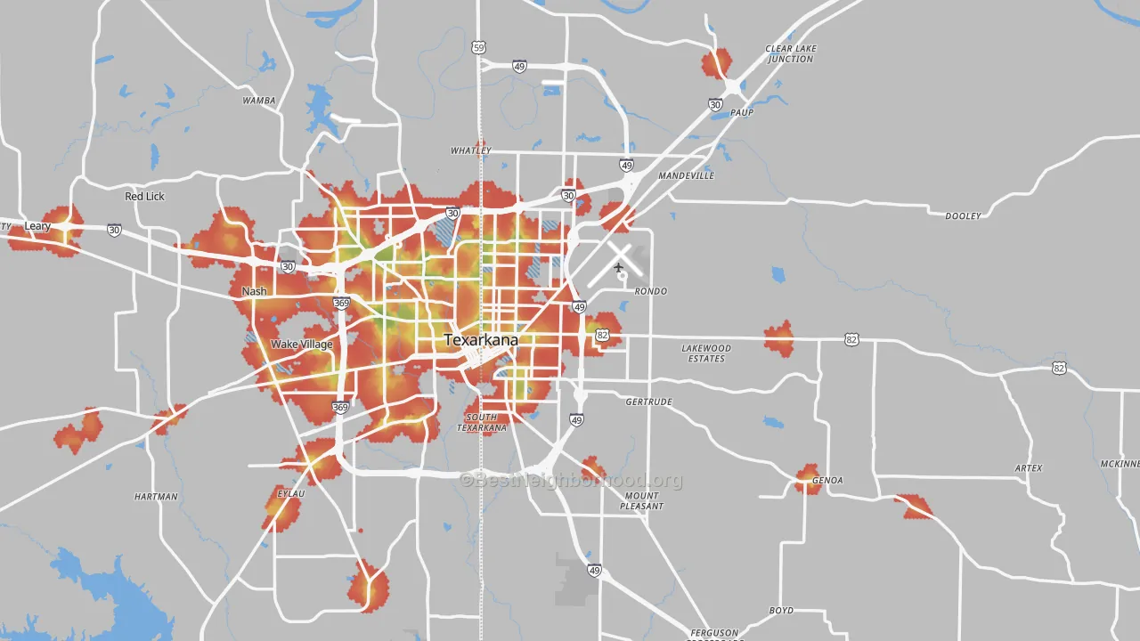 Walk Grade map of Texarkana, AR, walkable areas in green and car-dependent areas in red