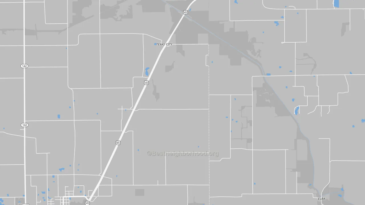 Walk Grade map of Texas City, IL, walkable areas in green and car-dependent areas in red