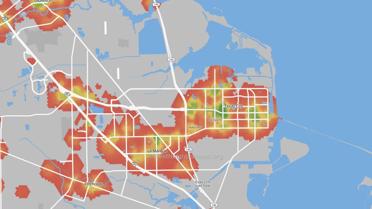 Walk Grade map of Texas City, TX, walkable areas in green and car-dependent areas in red