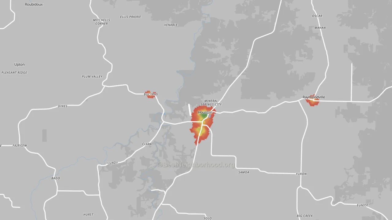 Walk Grade map of Texas County, MO, walkable areas in green and car-dependent areas in red