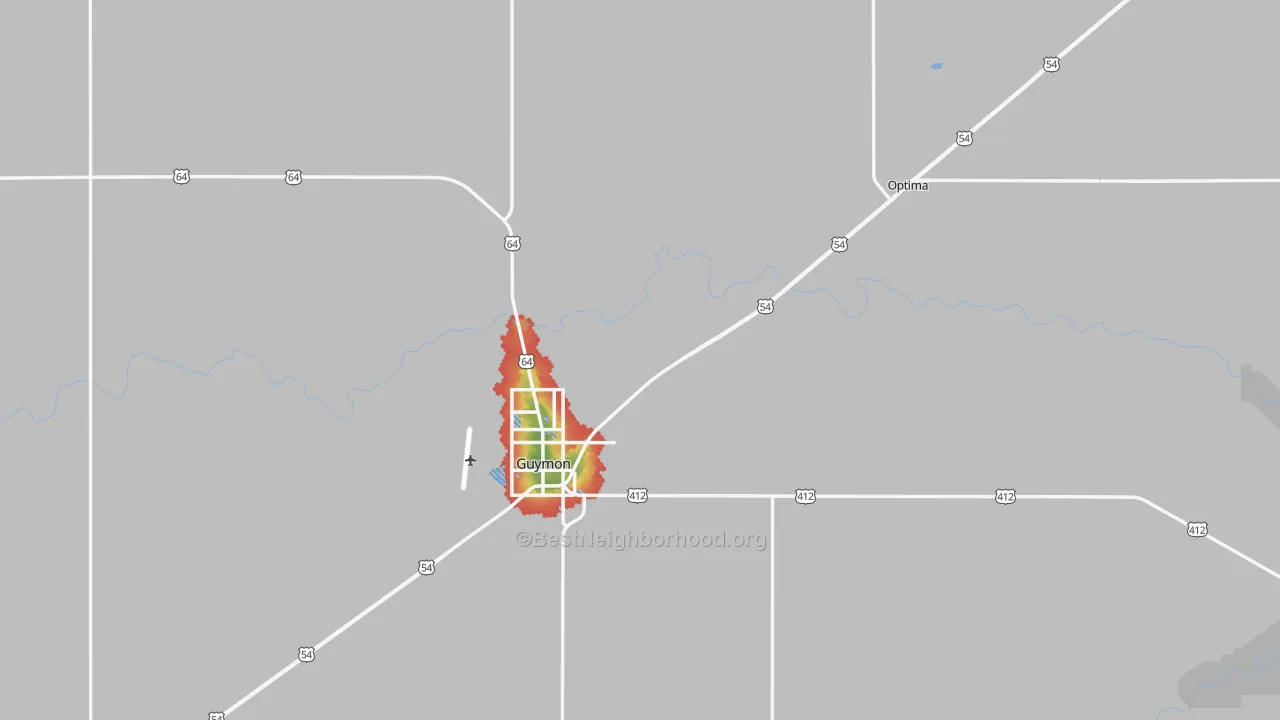 Walk Grade map of Texas County, OK, walkable areas in green and car-dependent areas in red