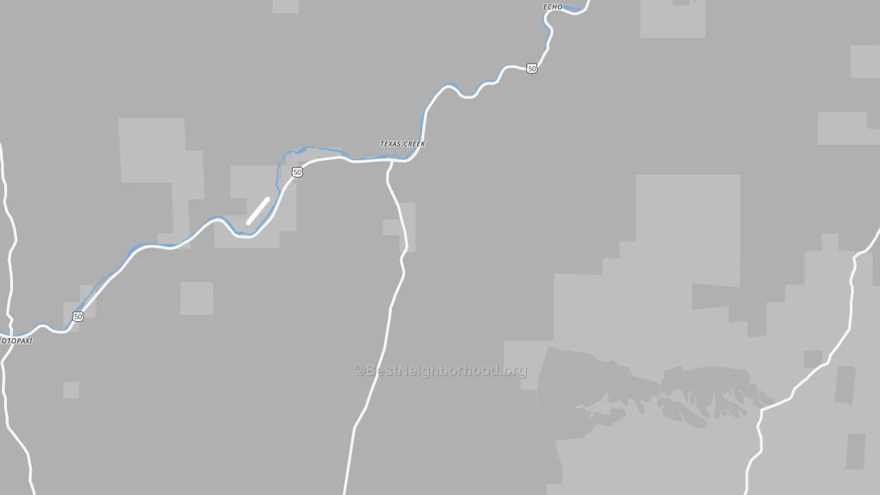 Walk Grade map of Texas Creek, CO, walkable areas in green and car-dependent areas in red