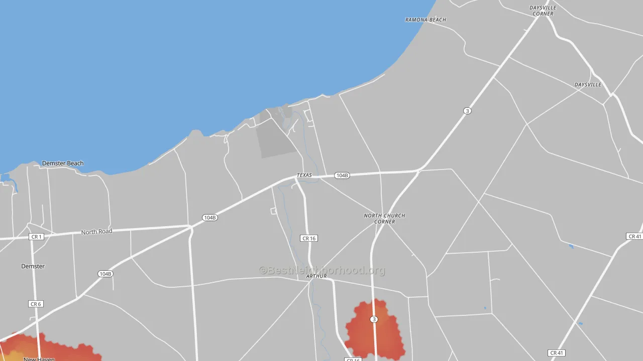 Walk Grade map of Texas, NY, walkable areas in green and car-dependent areas in red
