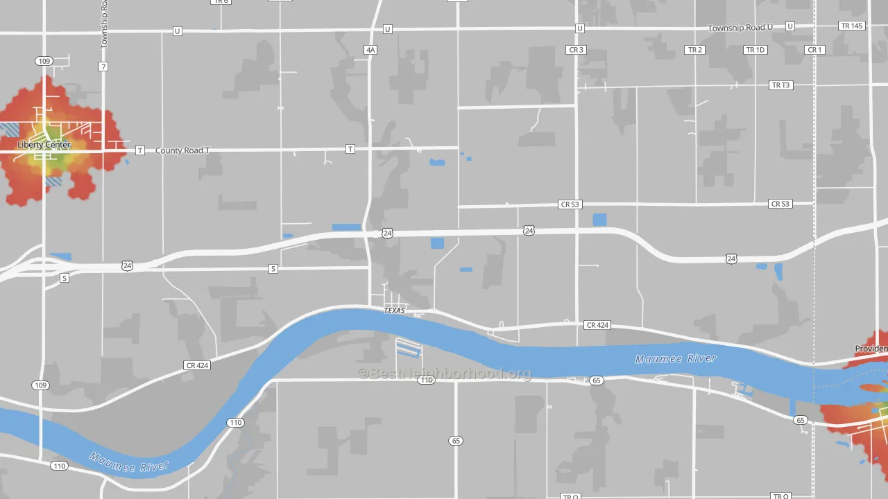 Walk Grade map of Texas, OH, walkable areas in green and car-dependent areas in red