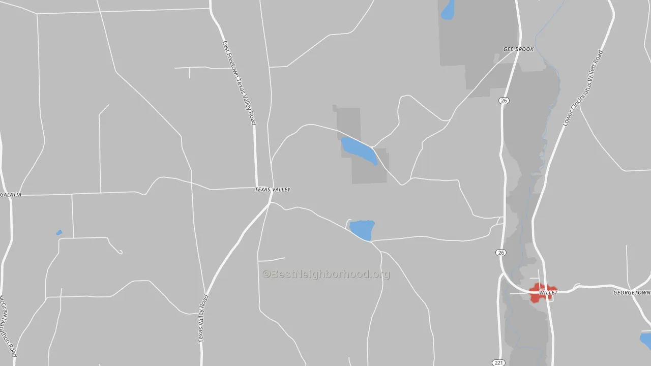 Walk Grade map of Texas Valley, NY, walkable areas in green and car-dependent areas in red