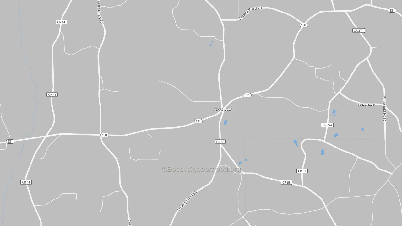 Walk Grade map of Texasville, AL, walkable areas in green and car-dependent areas in red