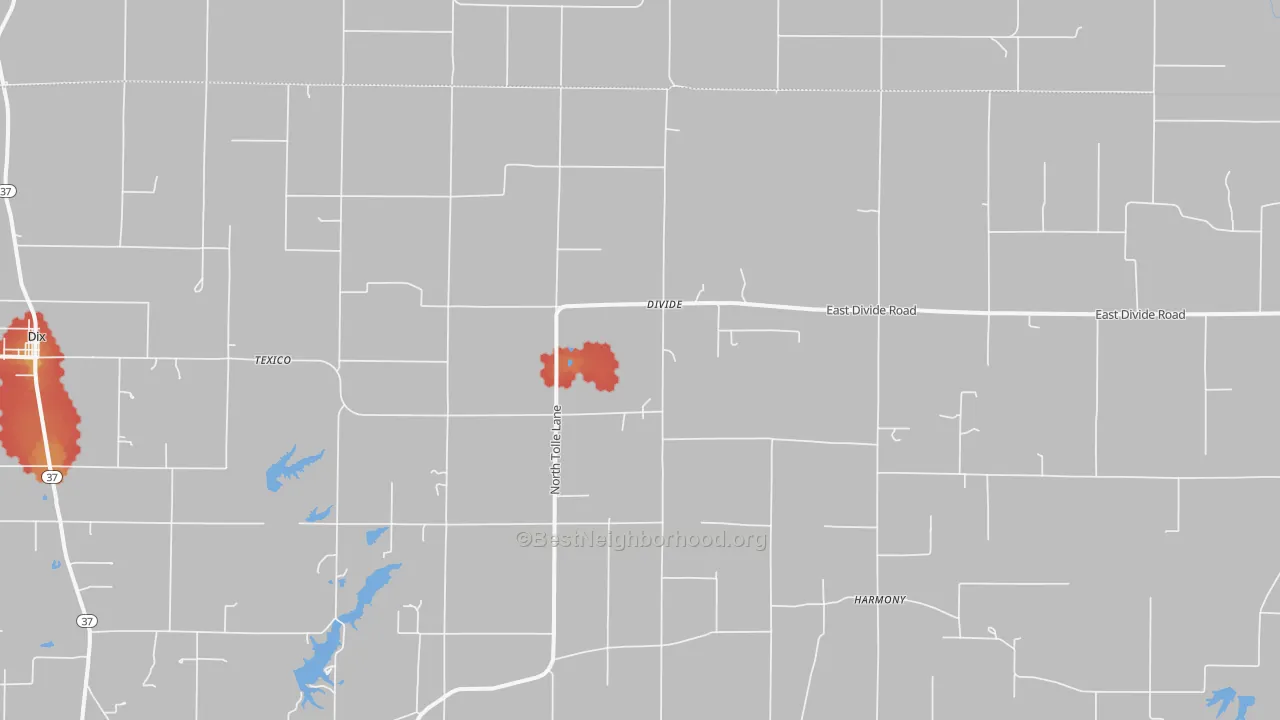 Walk Grade map of Texico, IL, walkable areas in green and car-dependent areas in red