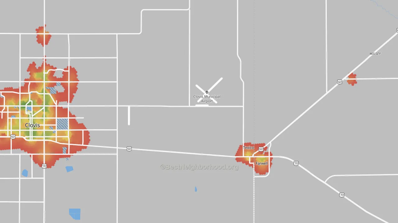 Walk Grade map of Texico, NM, walkable areas in green and car-dependent areas in red