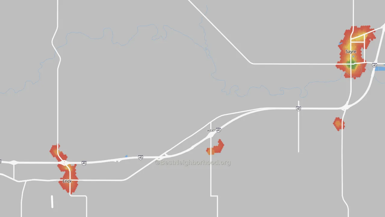 Walk Grade map of Texola, OK, walkable areas in green and car-dependent areas in red