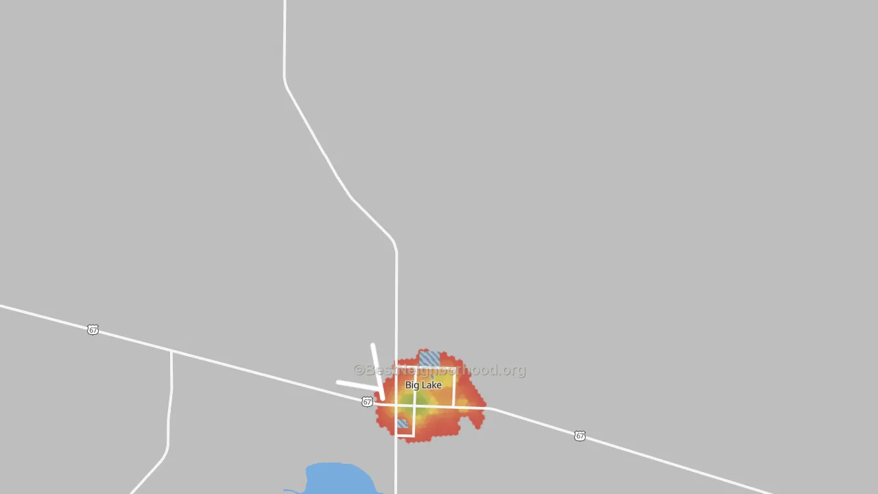 Walk Grade map of Texon, TX, walkable areas in green and car-dependent areas in red