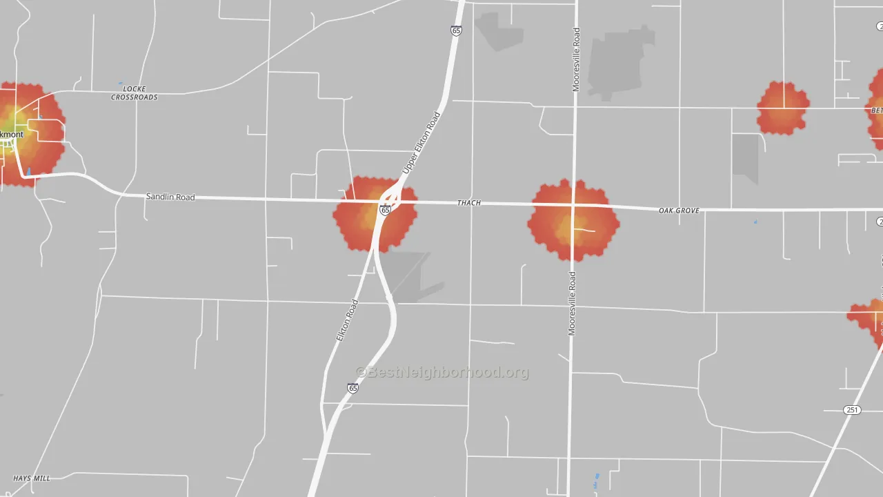 Walk Grade map of Thach, AL, walkable areas in green and car-dependent areas in red