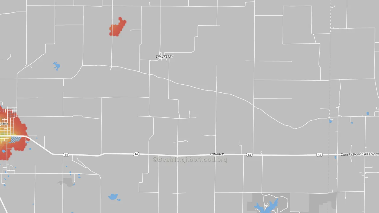 Walk Grade map of Thackeray, IL, walkable areas in green and car-dependent areas in red