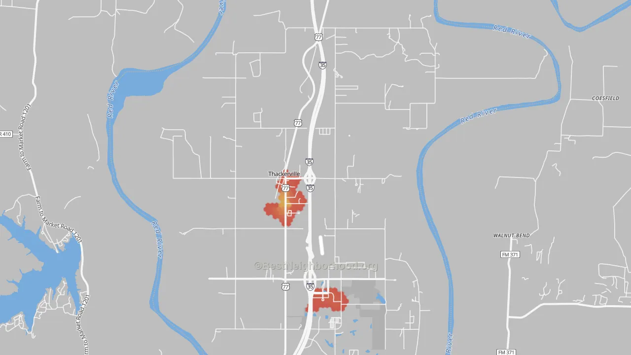 Walk Grade map of Thackerville, OK, walkable areas in green and car-dependent areas in red