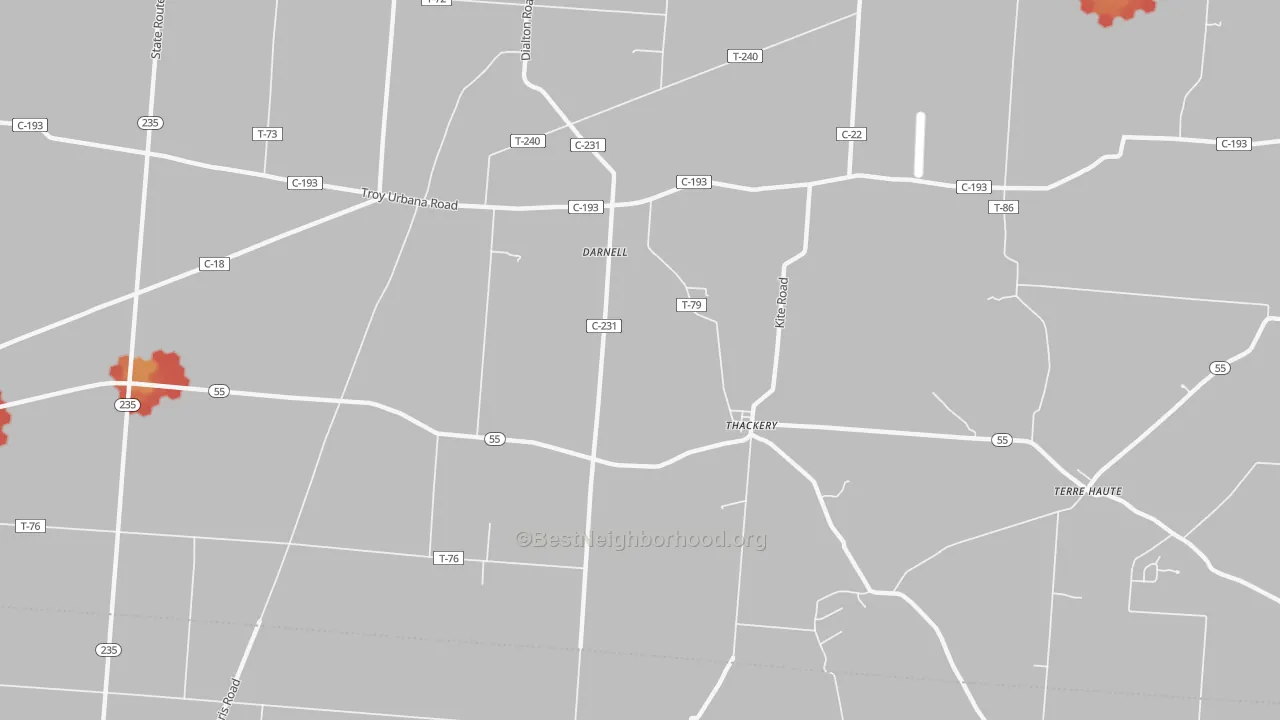 Walk Grade map of Thackery, OH, walkable areas in green and car-dependent areas in red