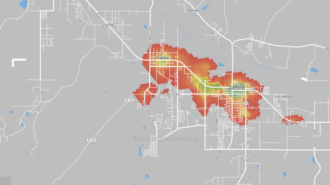 Walk Grade map of Thatcher, AZ, walkable areas in green and car-dependent areas in red