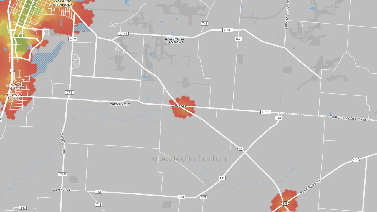 Walk Grade map of Thatcher, OH, walkable areas in green and car-dependent areas in red