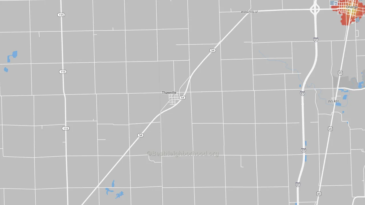 Walk Grade map of Thawville, IL, walkable areas in green and car-dependent areas in red