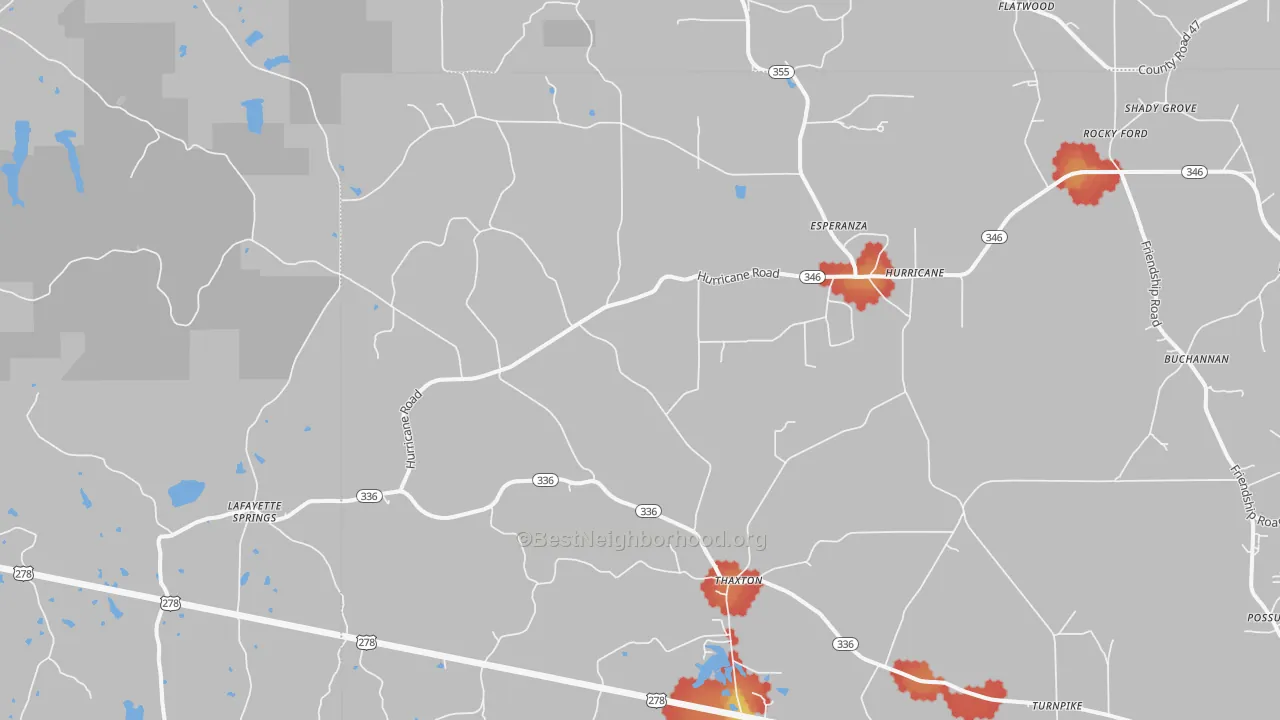 Walk Grade map of Thaxton, MS, walkable areas in green and car-dependent areas in red