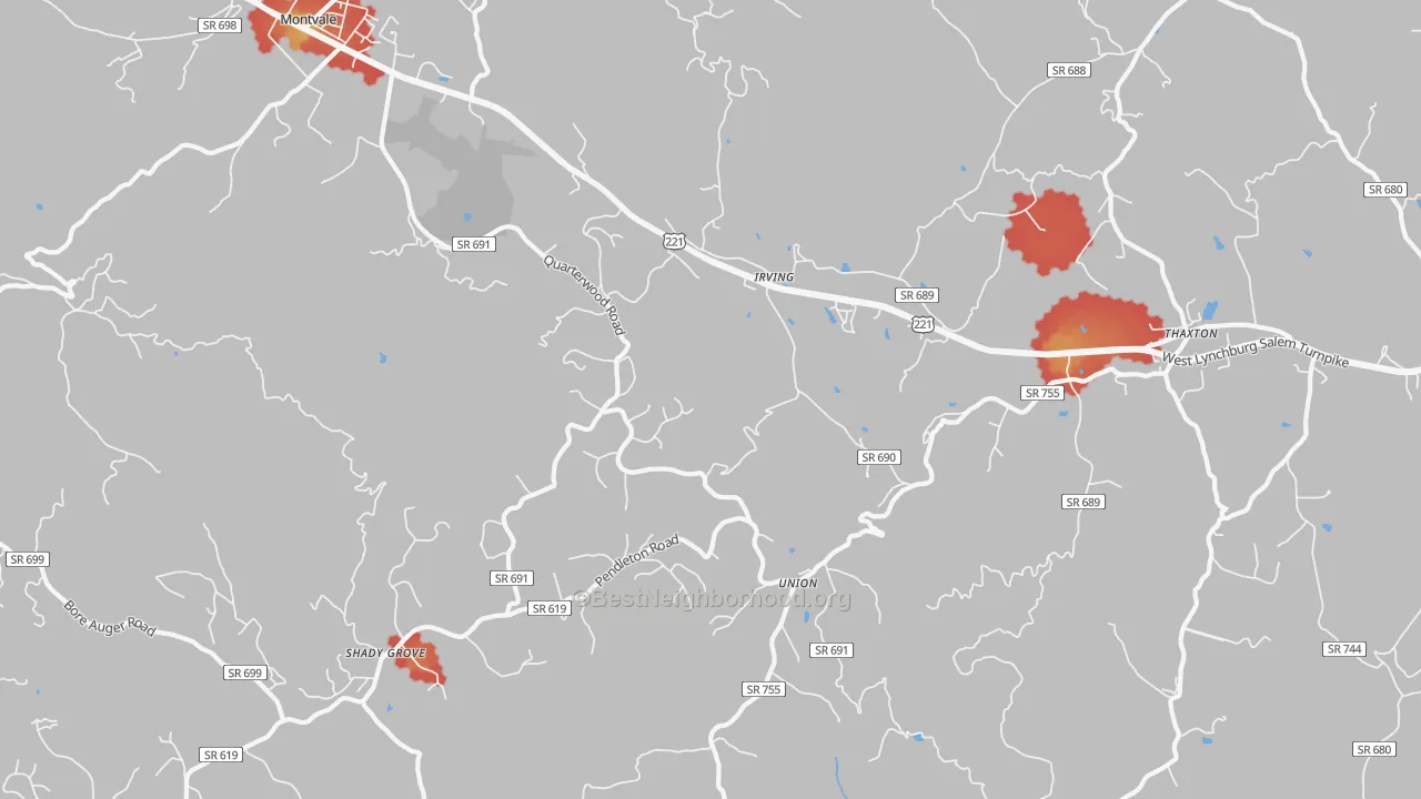 Walk Grade map of Thaxton, VA, walkable areas in green and car-dependent areas in red