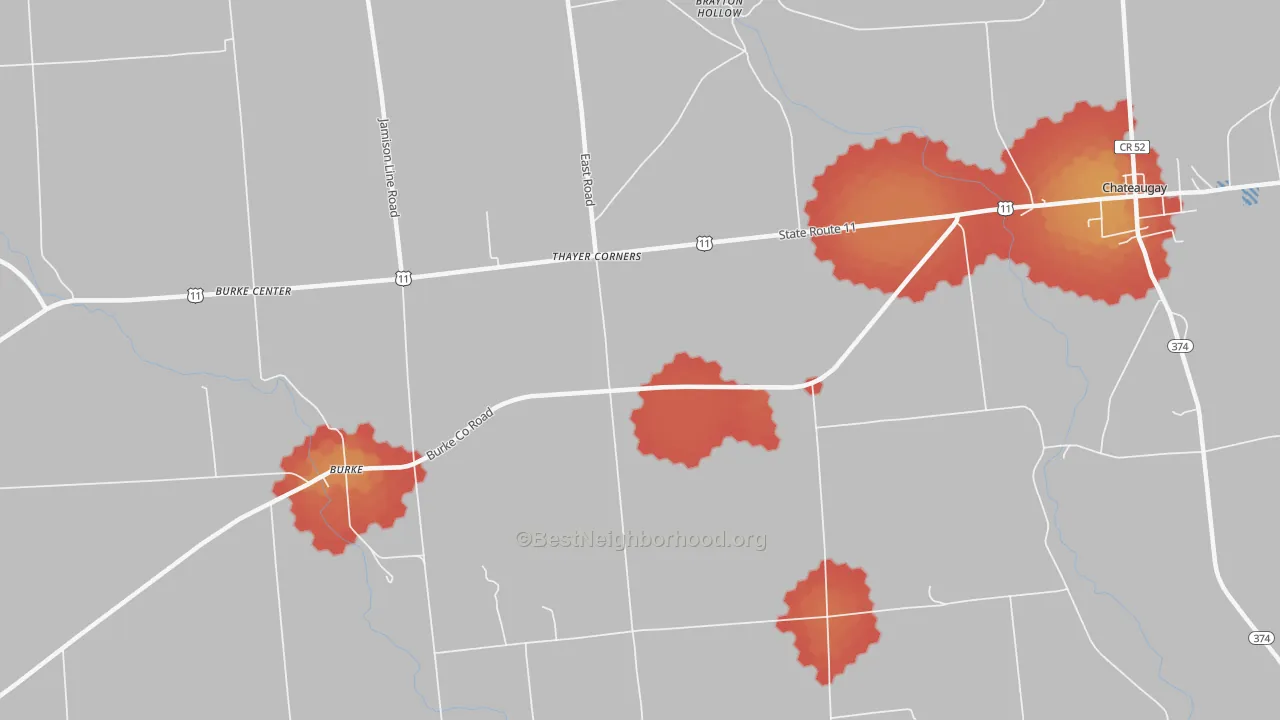 Walk Grade map of Thayer Corners, NY, walkable areas in green and car-dependent areas in red