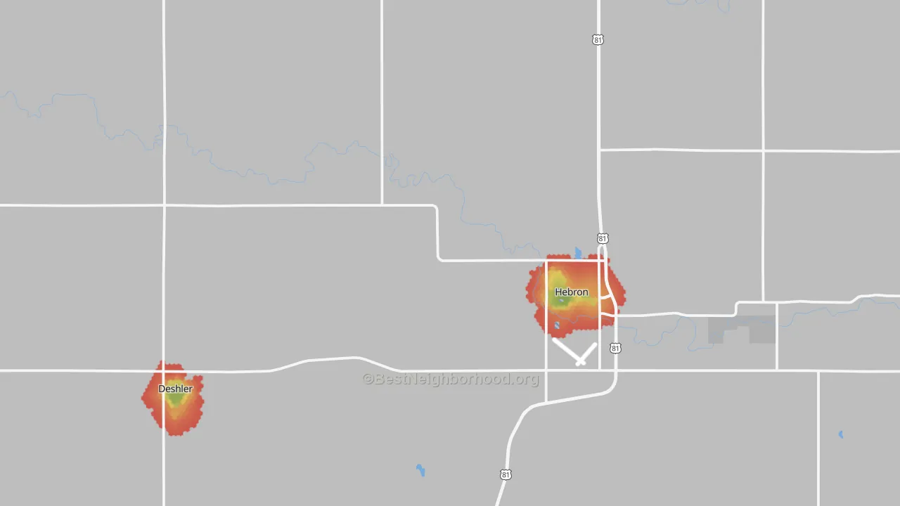 Walk Grade map of Thayer County, NE, walkable areas in green and car-dependent areas in red