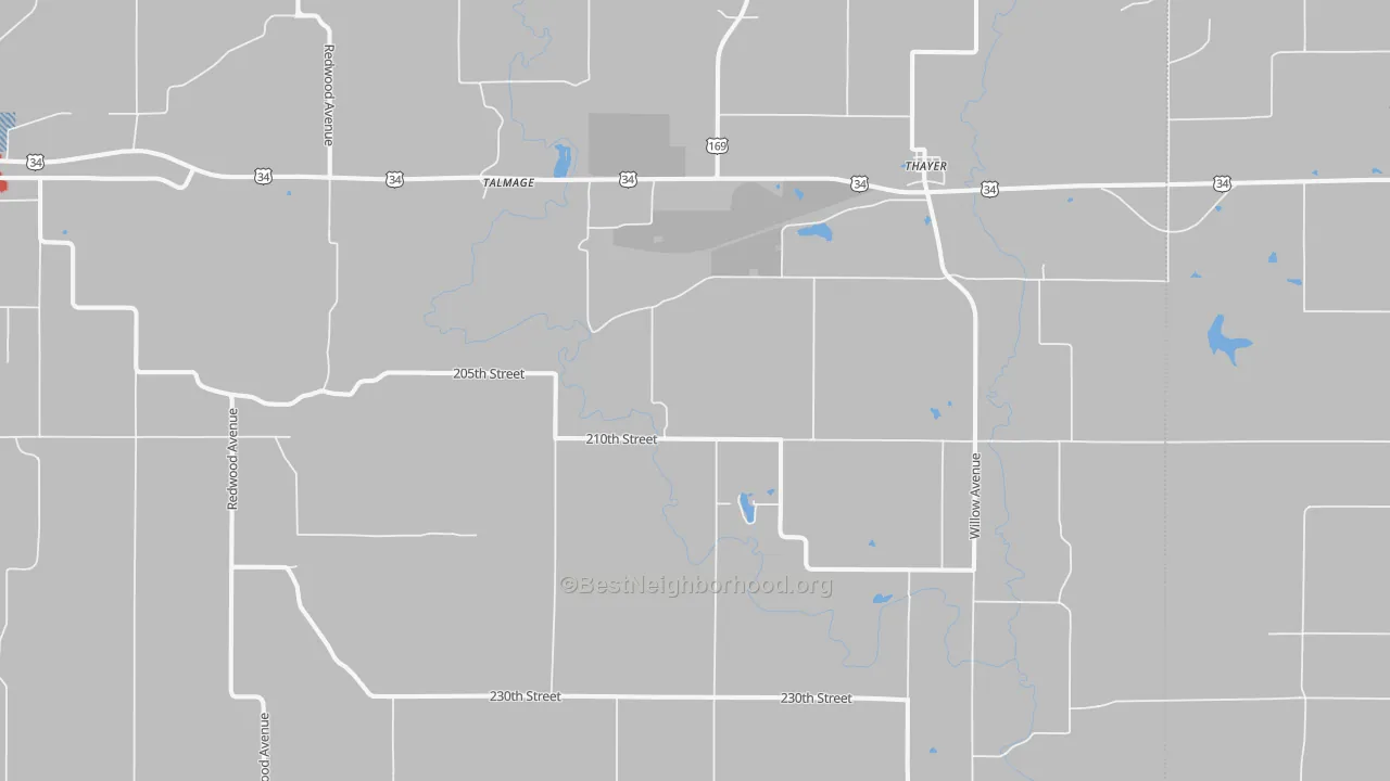 Walk Grade map of Thayer, IA, walkable areas in green and car-dependent areas in red