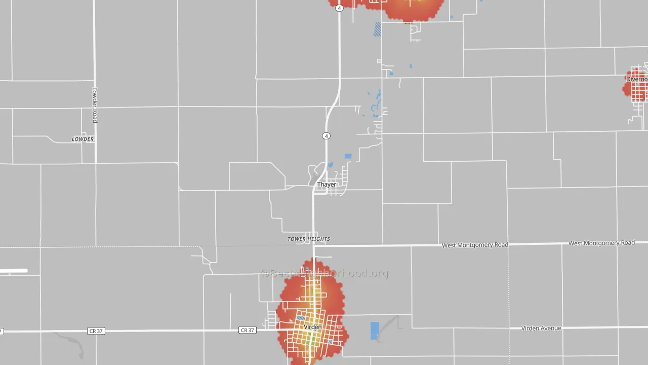 Walk Grade map of Thayer, IL, walkable areas in green and car-dependent areas in red