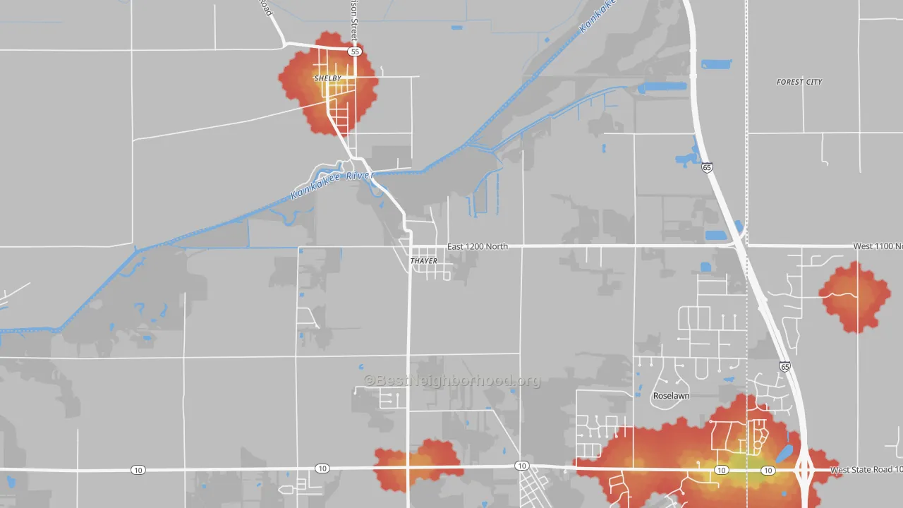 Walk Grade map of Thayer, IN, walkable areas in green and car-dependent areas in red