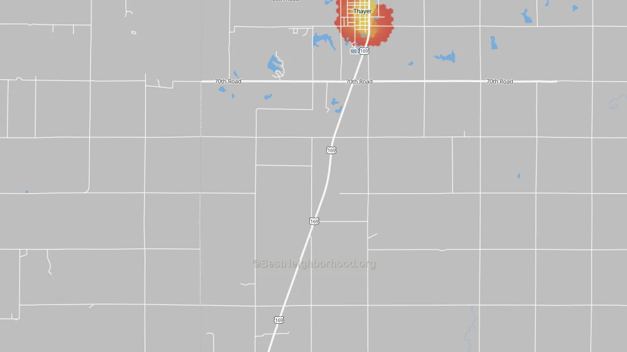 Walk Grade map of Thayer, KS, walkable areas in green and car-dependent areas in red