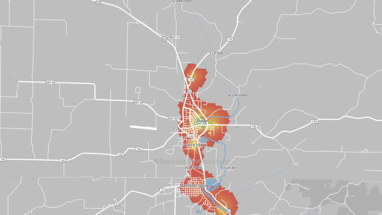 Walk Grade map of Thayer, MO, walkable areas in green and car-dependent areas in red