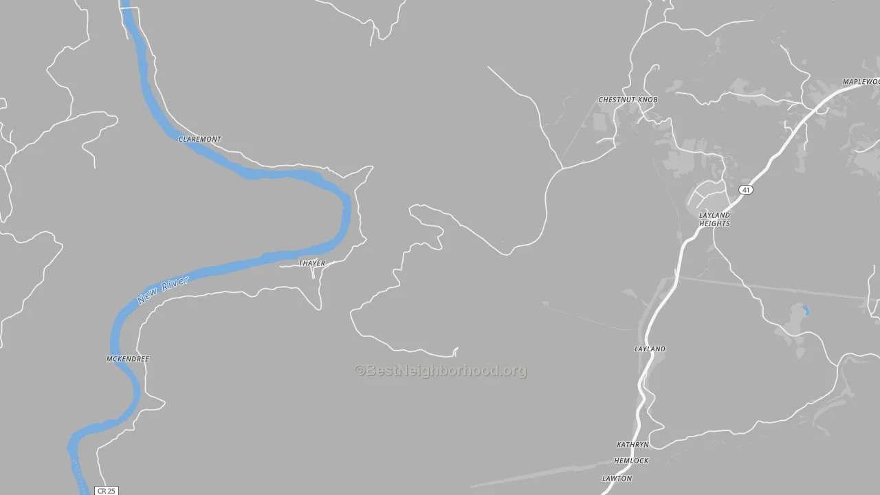 Walk Grade map of Thayer, WV, walkable areas in green and car-dependent areas in red